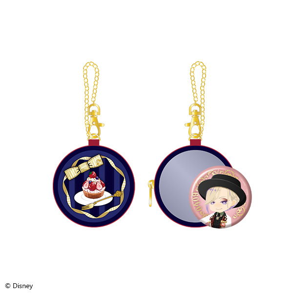 Front and back views of the polyester window pouch with attached gold chain and the included round can badge featuring ヴィル・シェーンハイト.