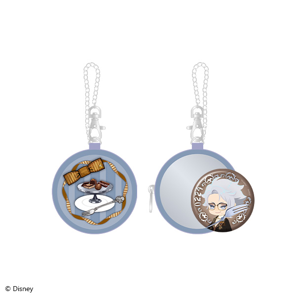 Round window pouch shown front and back with an attached chain and the included round character can badge.