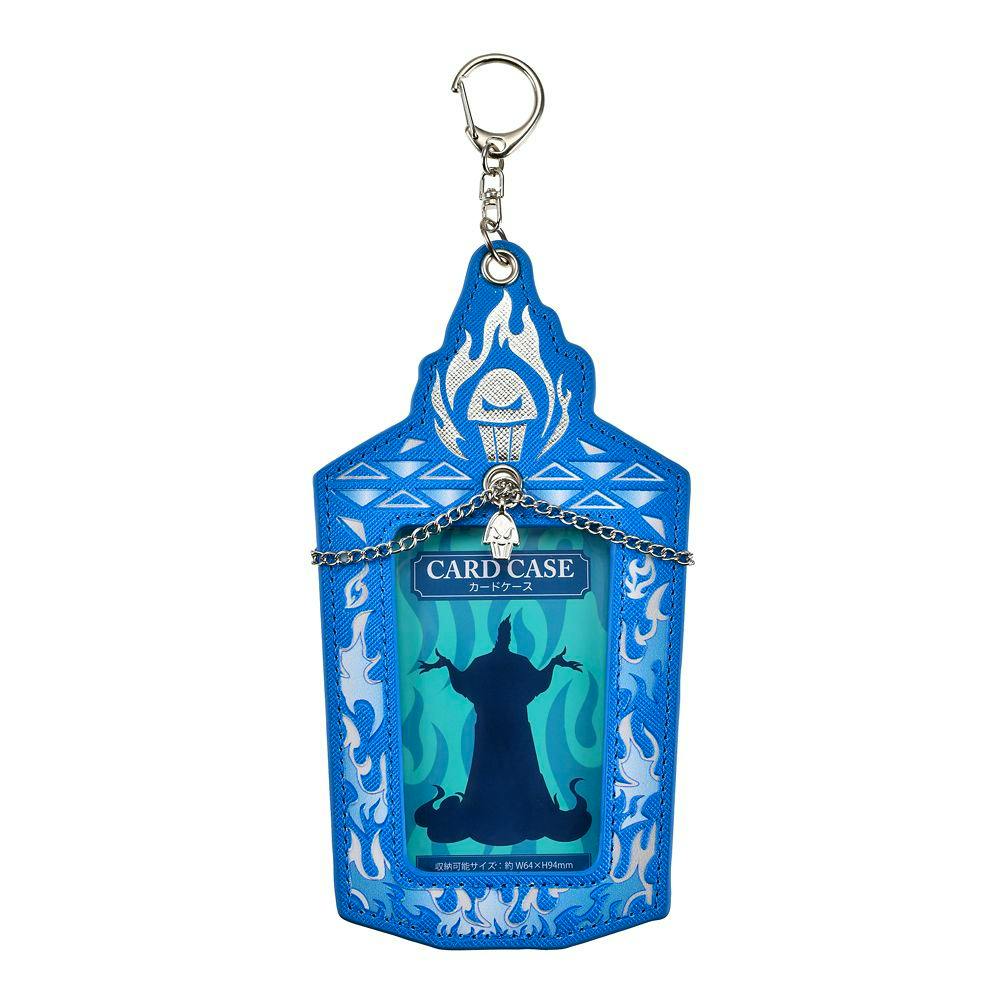 Blue synthetic leather Hercules card holder keychain (Disney Villains) with a metal keyring, decorative chain, clear ID window, and flame motifs.