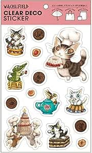Clear decal sticker sheet showing illustrated cats, cookies, a teapot, and sweets under a pink header labeled "CLEAR DECO STICKER".