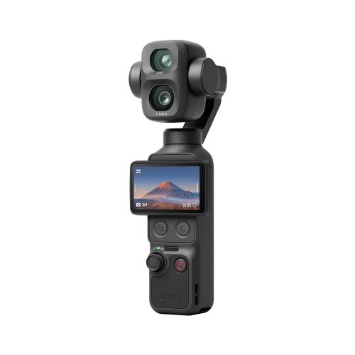 Front view of a DJI Osmo Pocket 4P handheld gimbal camera with dual lenses and an LCD screen on a white background.