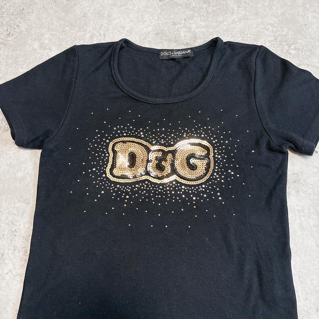 Black women's cotton T-shirt with a gold D&G sequin logo on the front.
