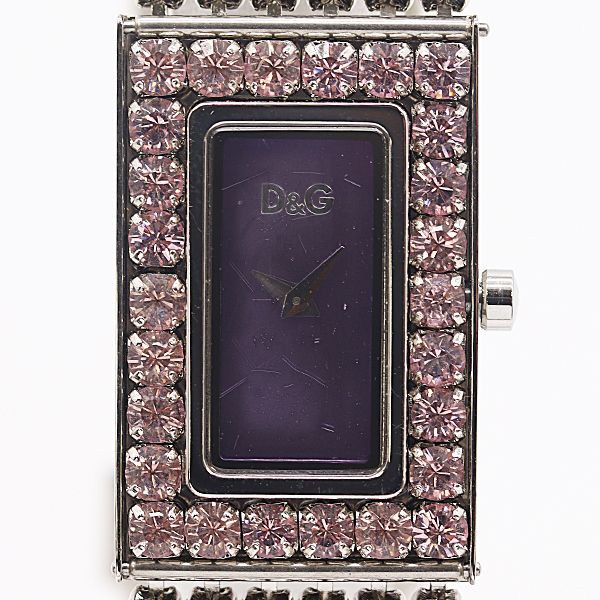Front view of a Dolce & Gabbana rectangular ladies wristwatch with a purple dial and pink crystal-studded bezel.