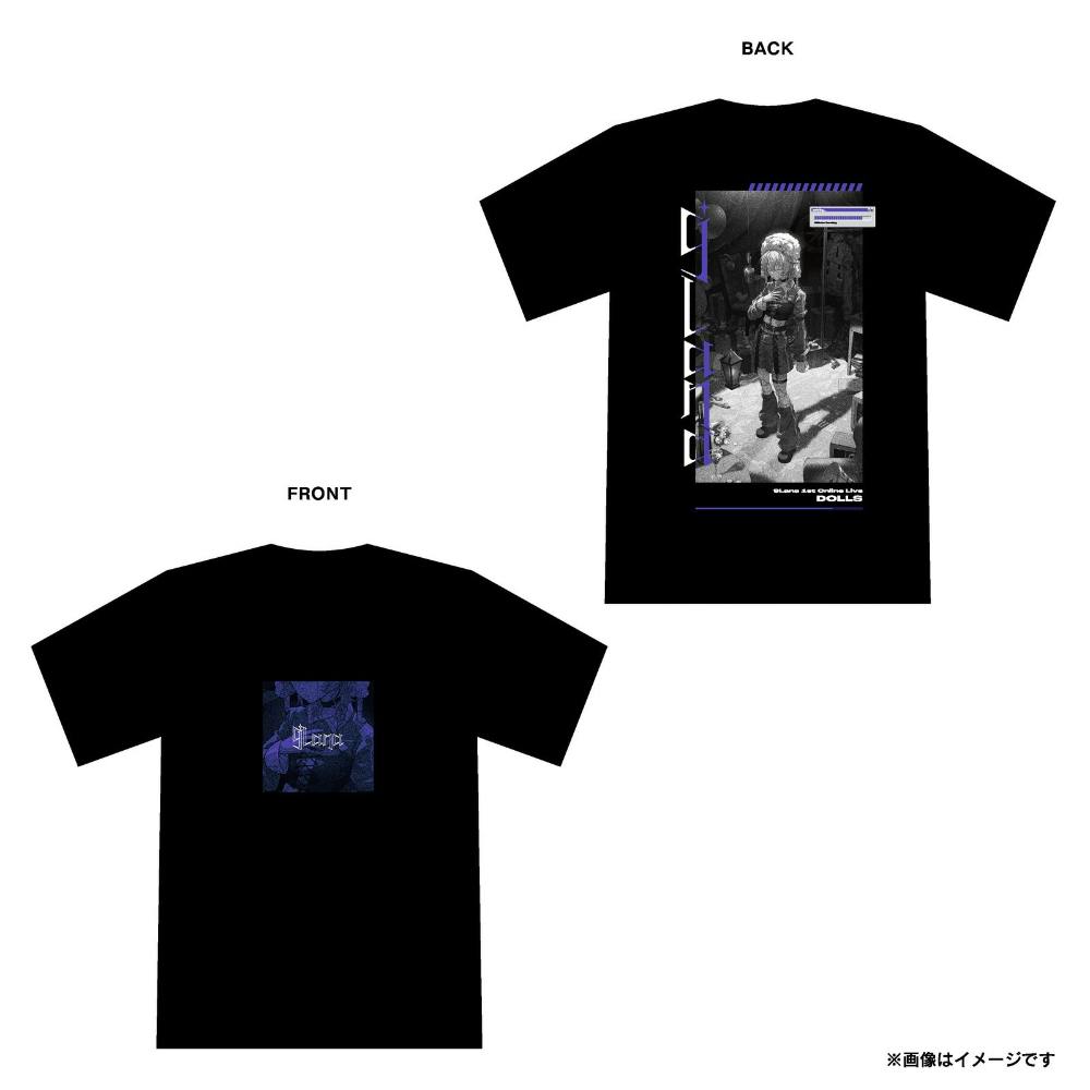 Mockup of the black DOLLS men's T-shirt showing a small square front graphic and a larger vertical back illustration with DOLLS text.