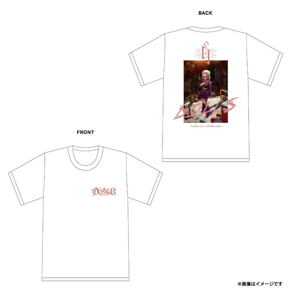Flat mockup of a white men's T-shirt showing a small DOLLS logo on the front and a large printed character graphic with DOLLS text on the back.