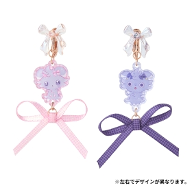 Front view of two earrings (イヤリング) in pink and purple featuring translucent top bows, character charms, and ribbon bows.