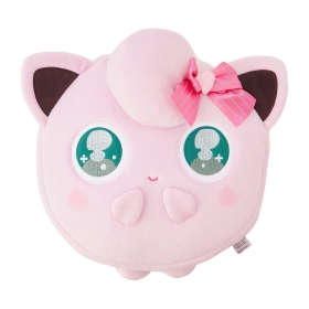 Front view of a pink cushion with large green eyes, cat-like ears, a bow on top, and small front protrusions.