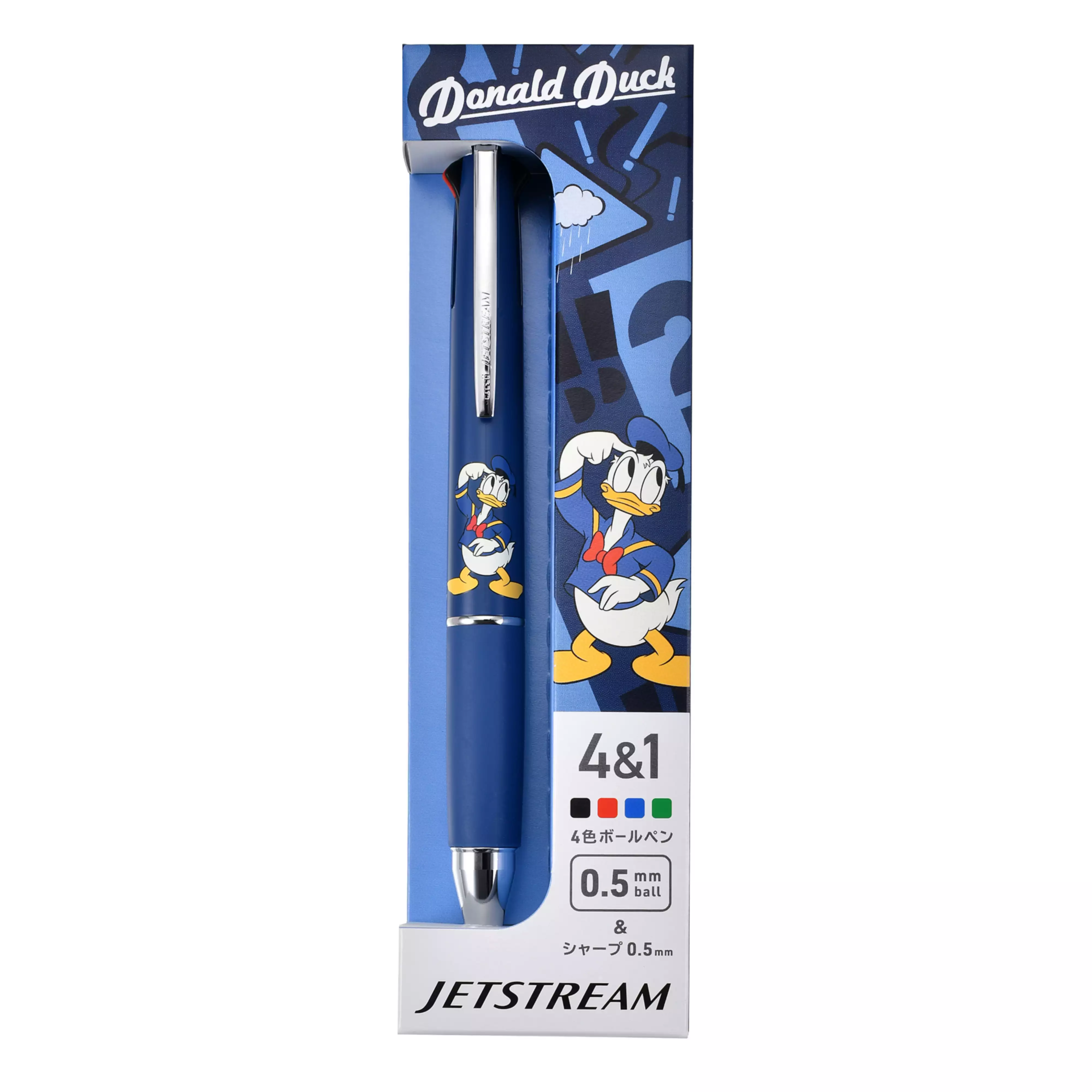 Blue Donald Duck Jetstream 4&1 multi-function ballpoint pen in retail packaging showing Donald Duck artwork and a 0.5 mm marking.