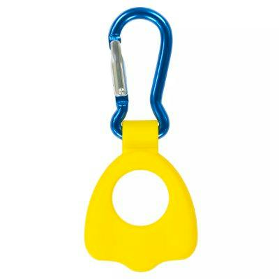 Blue carabiner attached to a yellow plastic bottle holder keychain.