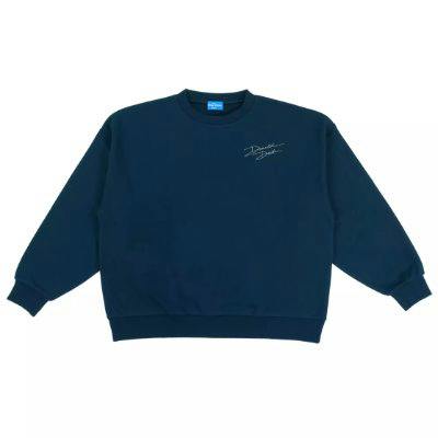 Front view of a navy cotton sweatshirt (big silhouette, unisex one-size) with a small script on the left chest.