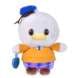A Donald plush toy wearing a blue hat and a yellow outfit shown on a white background.