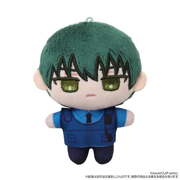 Front view of the plush mascot (ぬいぐるみマスコット) for 寮舎のイケメン同僚は至高のプレイメイト, showing a green-haired character in a blue uniform.