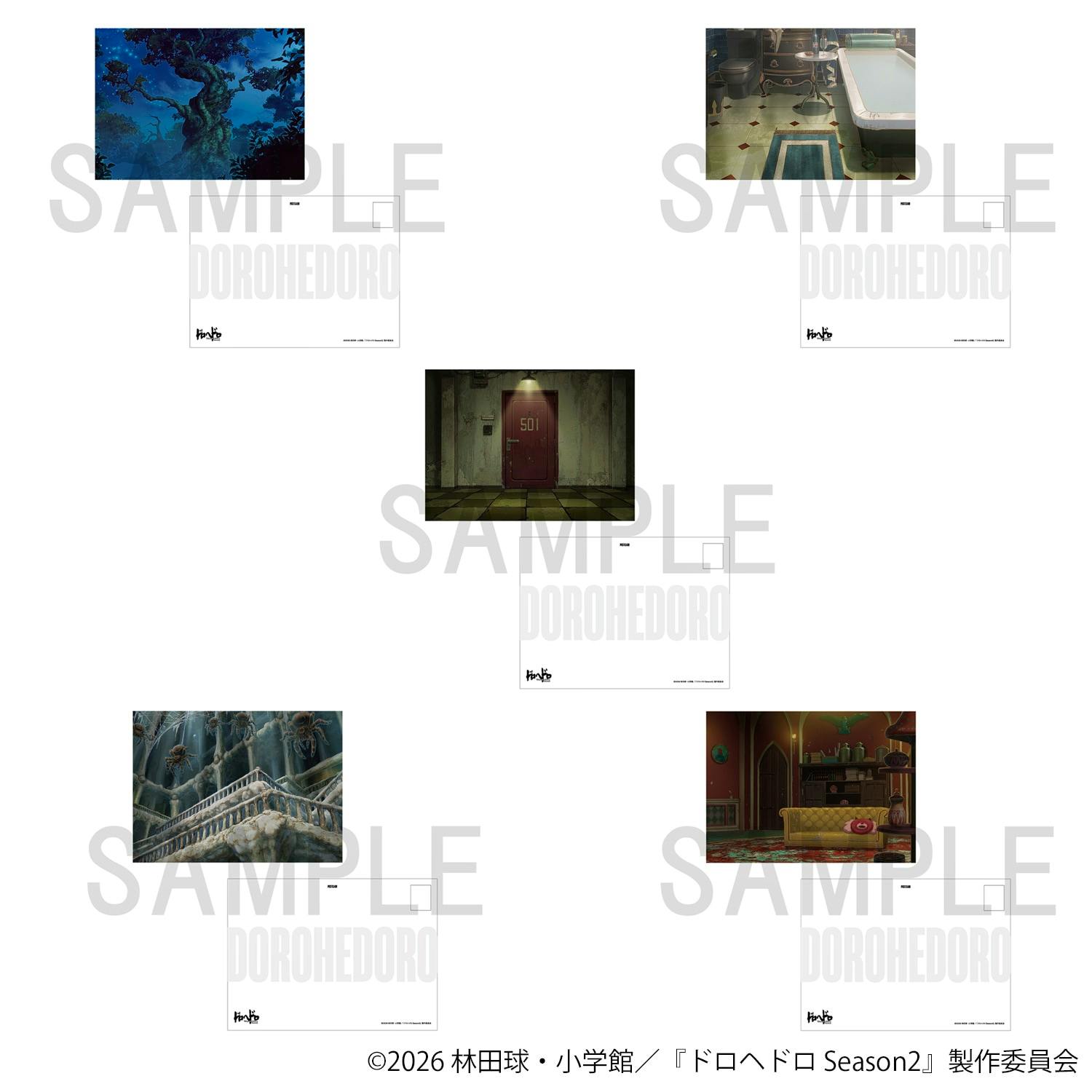 Sheet mockup showing multiple Dorohedoro art postcard fronts and their blank backs with a large "SAMPLE" and "DOROHEDORO" watermark.