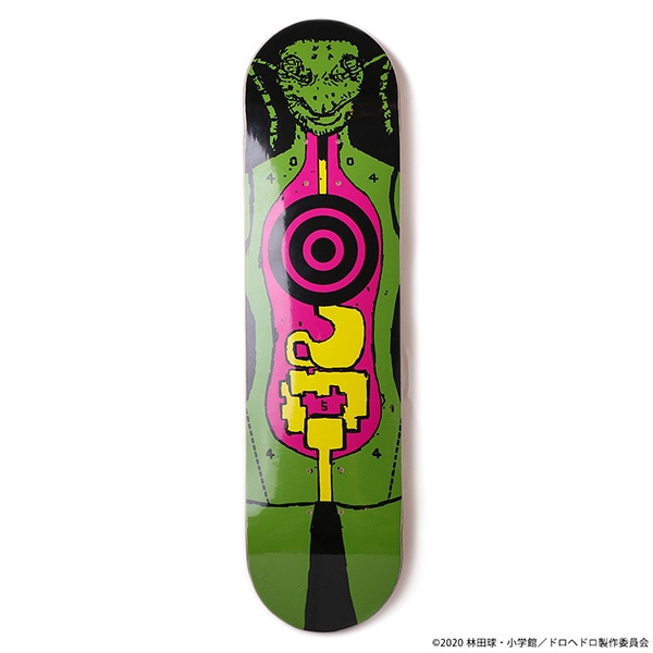 Skateboard deck showing a green insect-like character with a pink target graphic on a green background.