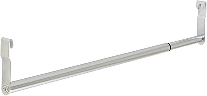 Silver extendable metal hanger pole with white hooked end brackets shown on a white background, designed for mounting under a shelf.
