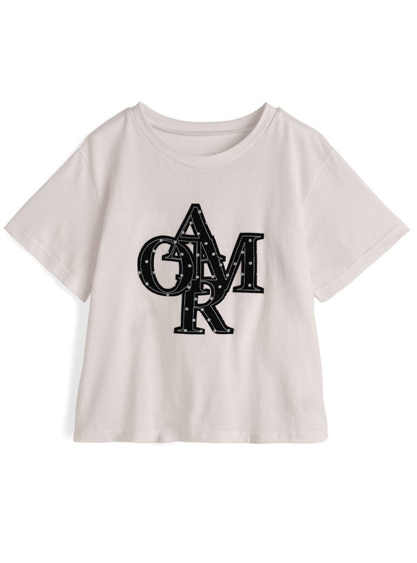 White women's polyester T-shirt with a centered black dotted logo patch on the front.