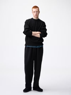 Full-length photo of a model wearing the men's double face sweat carrot pants in black.