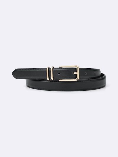 A black synthetic leather belt with a gold buckle and double metal loops laid flat on a light background.