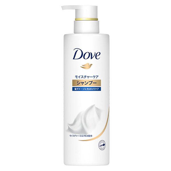 White Dove Moisture Care shampoo pump bottle with Dove logo and Japanese product label.