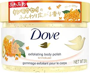 White and yellow jar of Dove exfoliating body polish (osmanthus) showing the Dove logo and NET WT 298 g on the label.