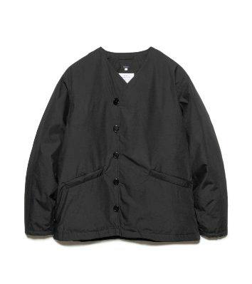 Front view of a black down cardigan laid flat with buttons and front pockets visible.