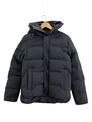 Front view of a black men's polyester down jacket (size S) with a hood hanging on a wooden hanger.
