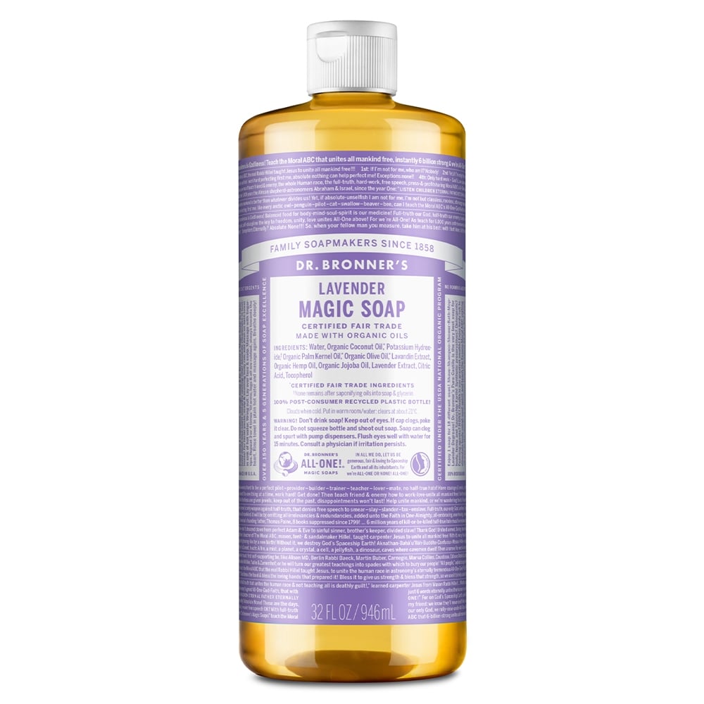 A 946 mL bottle of Dr. Bronner's Magic Soap with a lavender-colored label.