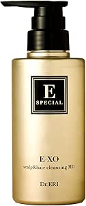 Front view of a gold pump bottle labeled E-XO scalp & hair cleansing MD by Dr. ERI, a scalp and hair cleanser.
