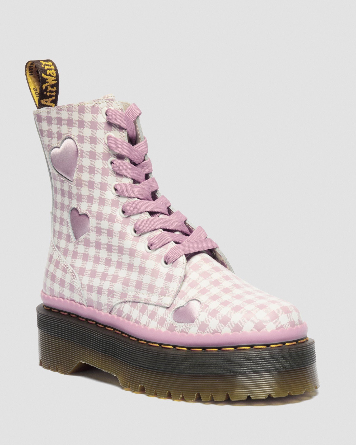 Single JADON heart 8-eyelet boot in white and dusty rose gingham with heart cutouts and a chunky platform sole.