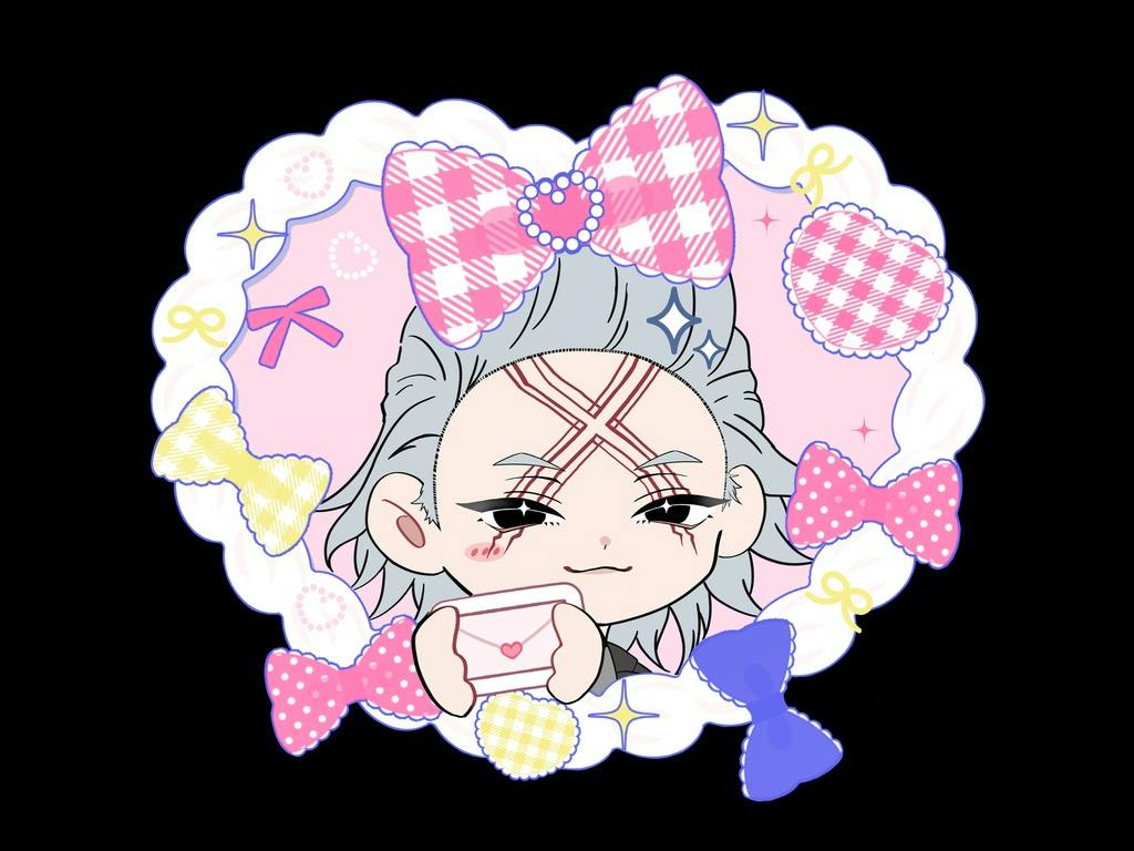 Acrylic keychain artwork showing a chibi character with silver hair holding an envelope, surrounded by pastel bows and hearts on a black background.