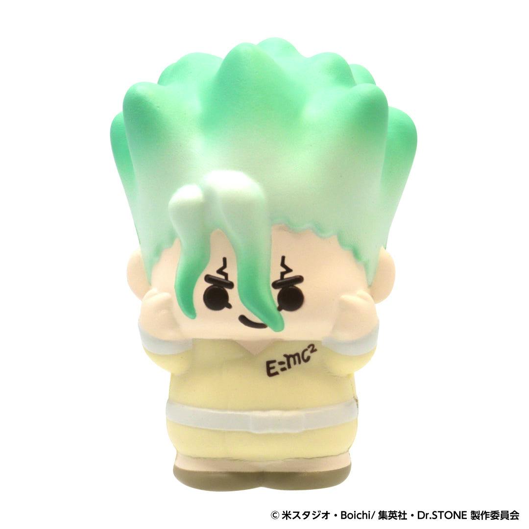 Front view of the Dr.STONE plastic figure with mint-green hair and E=mc² printed on its outfit.
