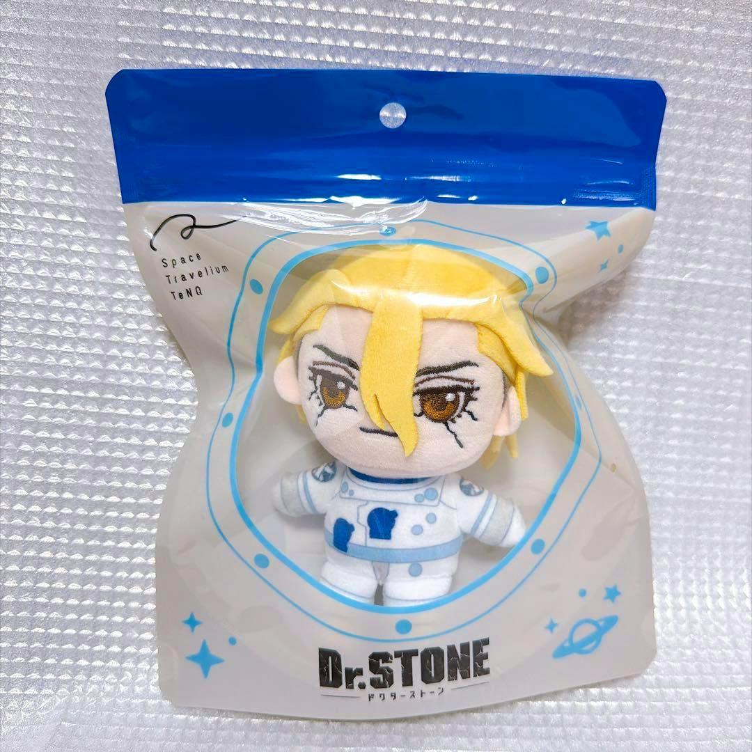 A Dr.STONE Stanley plush toy visible inside its sealed TeNQ-branded plastic bag, showing the plush's face and astronaut outfit.