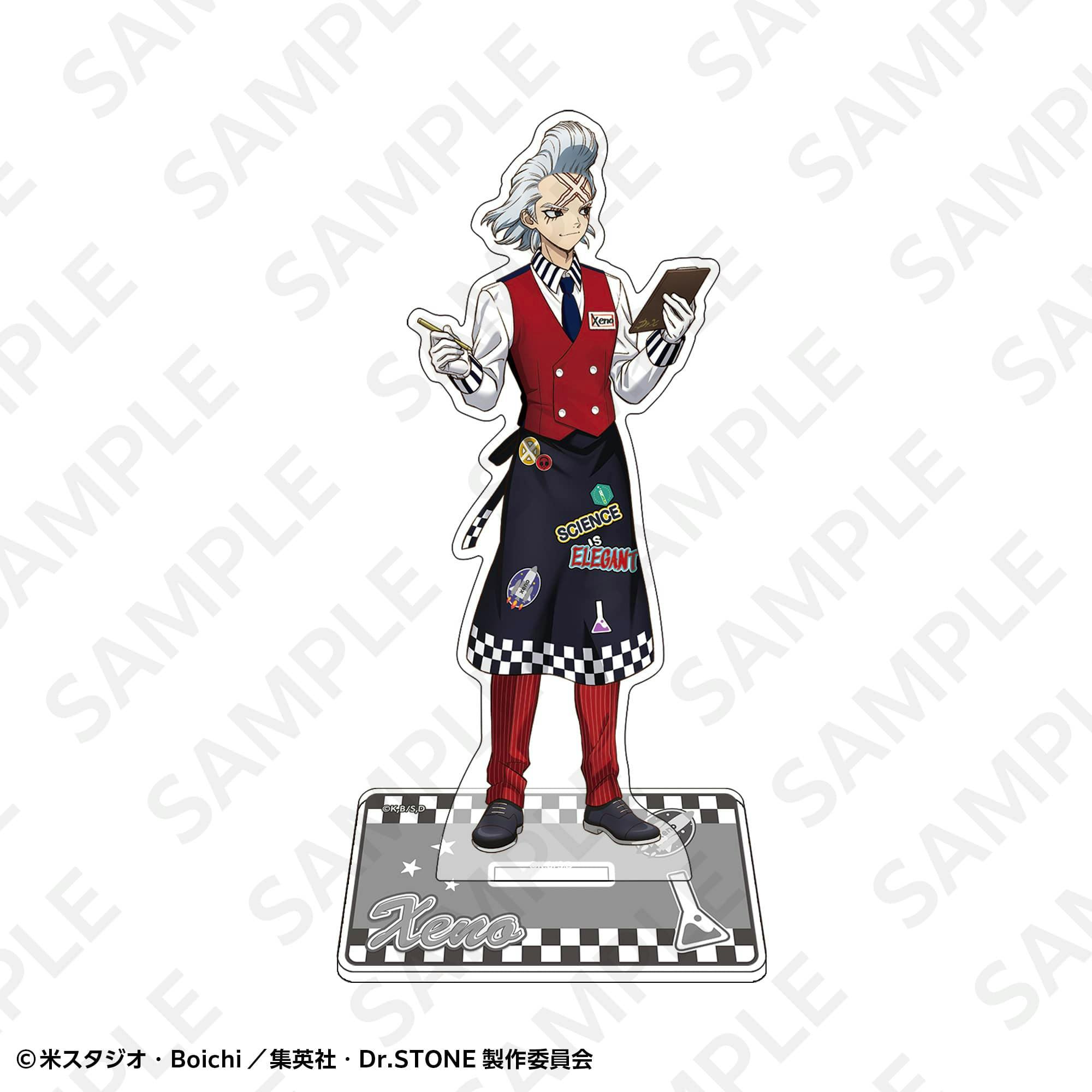 Acrylic stand of Dr. Zeno showing the full printed character figure standing on a rectangular decorated base.