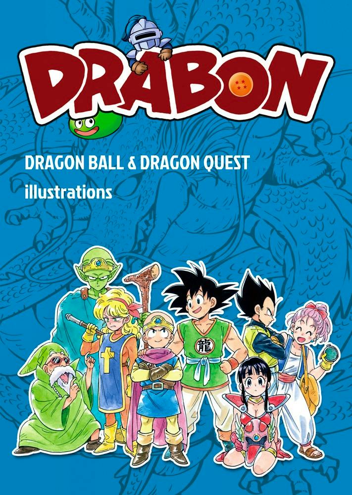 Front cover of the illustration book with the title "DRABON" and colored character illustrations from Dragon Ball and Dragon Quest on a blue background.
