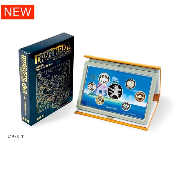 Open display case showing the Dragon Ball 40th anniversary 2025 proof coin set with six commemorative coins and its outer box.