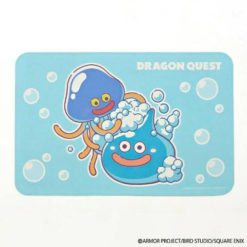 Light blue Dragon Quest bath mat showing two smiling Slime characters with soap bubbles.