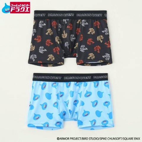 Two men's Dragon Quest boxer briefs laid flat: one black with monster prints and one light blue with slime prints.