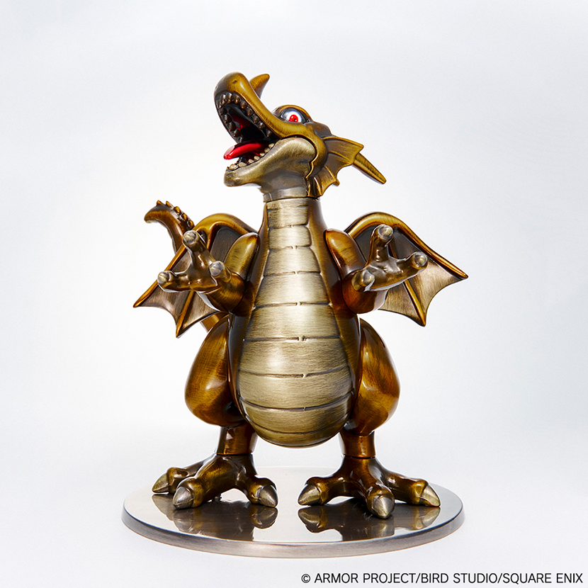 Toy zinc-alloy figure of Dragon Quest "竜王" (Dragonlord) 40th Anniversary version standing on a round display base against a white background.