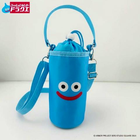 Front view of a blue Dragon Quest pet bottle holder (polyester) featuring a Slime face, top drawstring closure, and detachable shoulder strap.