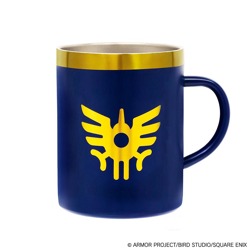 Blue stainless steel cup with a gold rim and a gold Roto emblem on the front.