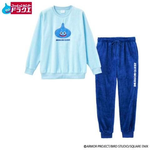 A light-blue long-sleeve sweatshirt with a blue Slime graphic and matching dark-blue jogger pants with “DRAGON QUEST” text.