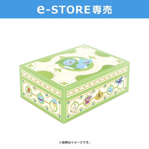 Illustrated light green paper storage box with Dragon Quest X slime characters printed on the top and sides.