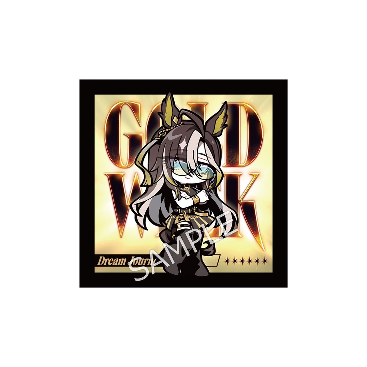 Square hand towel showing a chibi character on a gold "GOLD WEEK" background with a black border and a visible "SAMPLE" watermark.