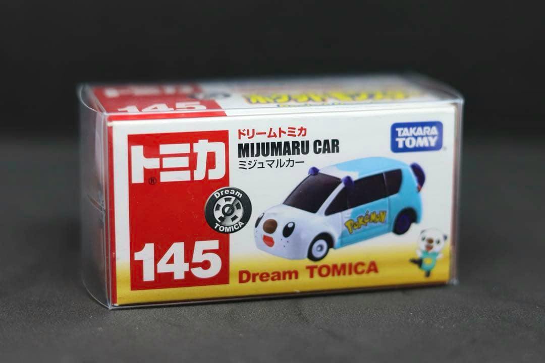 Boxed Dream TOMICA No.145 "MIJUMARU CAR" metal toy in Takara Tomy packaging showing the Mijumaru-themed car image.