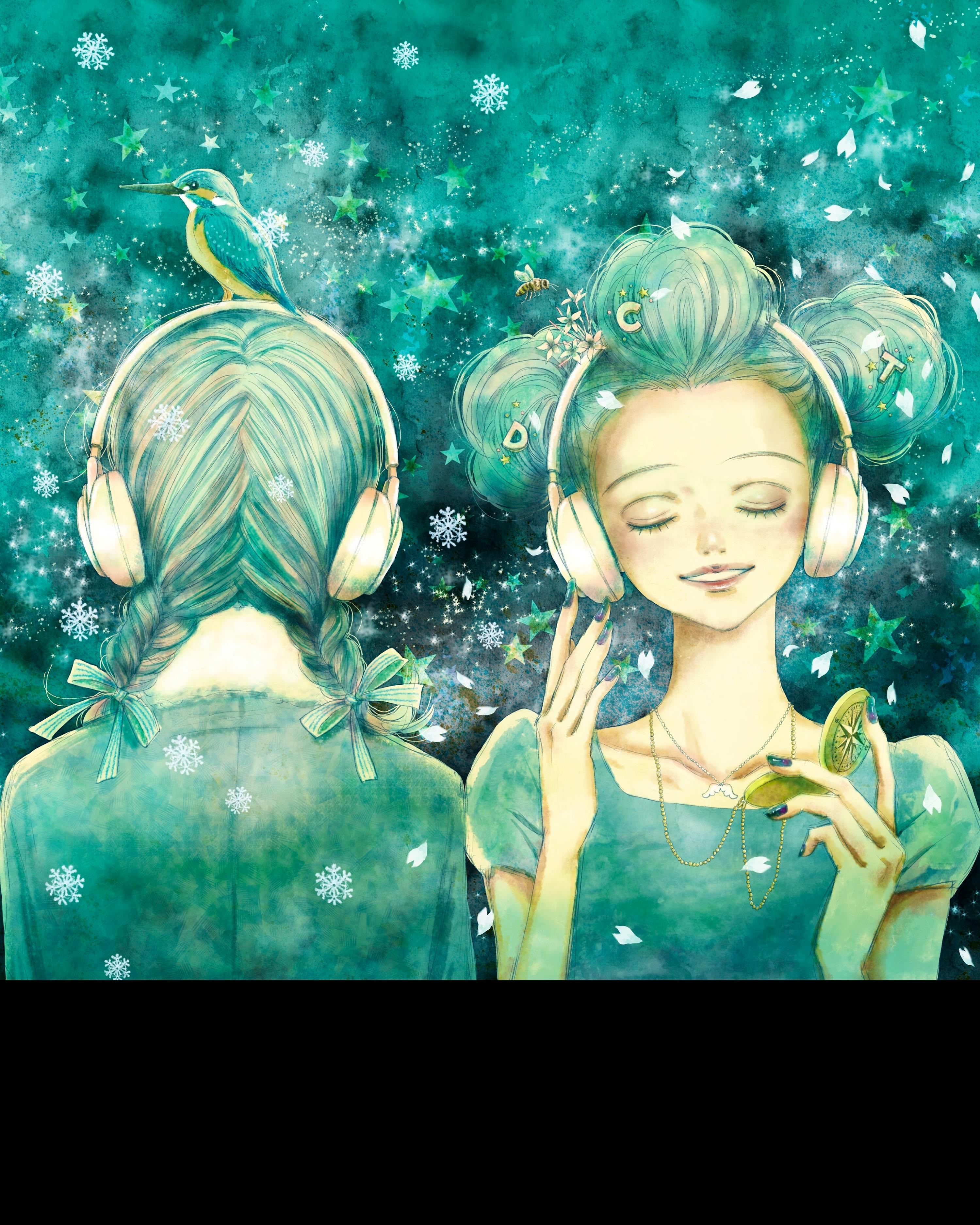 Illustration of the vinyl cover art showing two people wearing headphones against a teal, starry background.