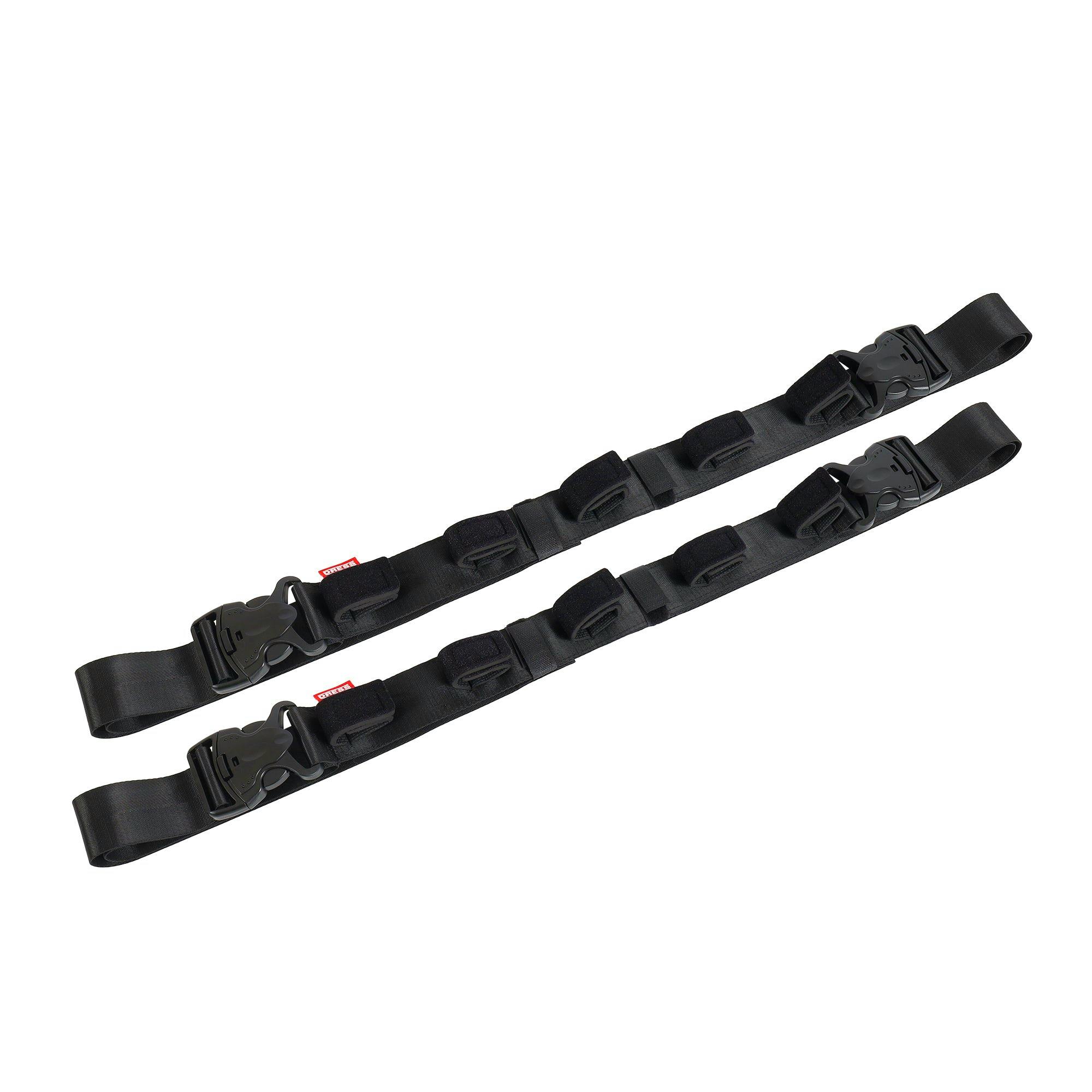 Two black DRESS car rod belts with quick-release buckles and Velcro loops on a white background.