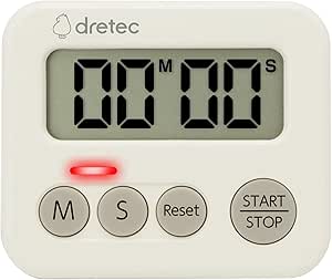 Front view of an ivory Dretec digital kitchen timer with large LCD display, four buttons labeled M, S, Reset, Start/Stop, and a small red indicator light.