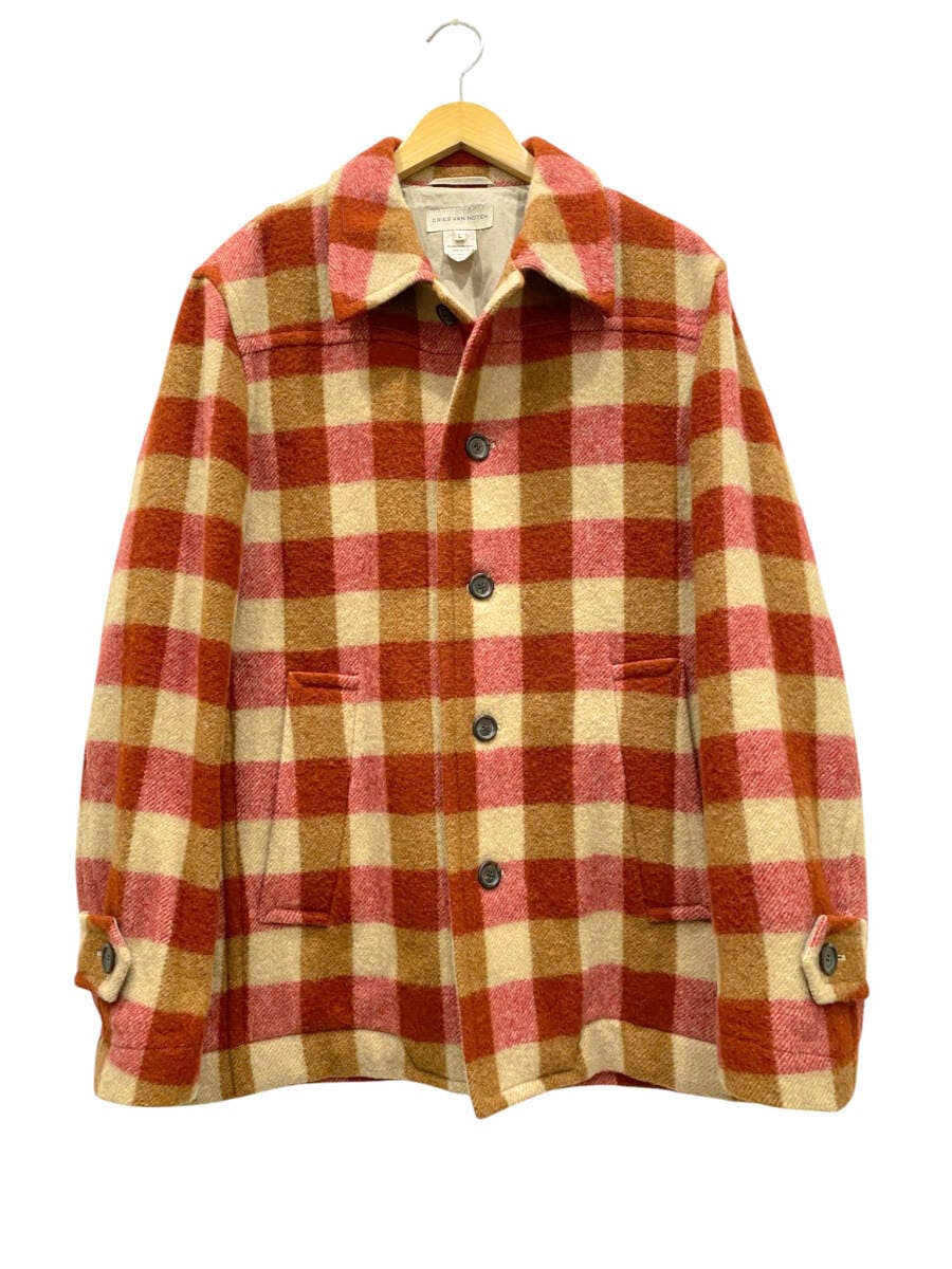 Front view of a DRIES VAN NOTEN wool shirt jacket with a red and beige block-check pattern hanging on a wooden hanger.