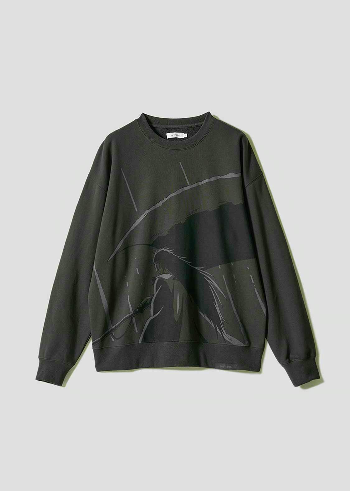 Front view of a dark oversized men's cotton sweatshirt with a large printed monochrome graphic, laid flat on a light background.