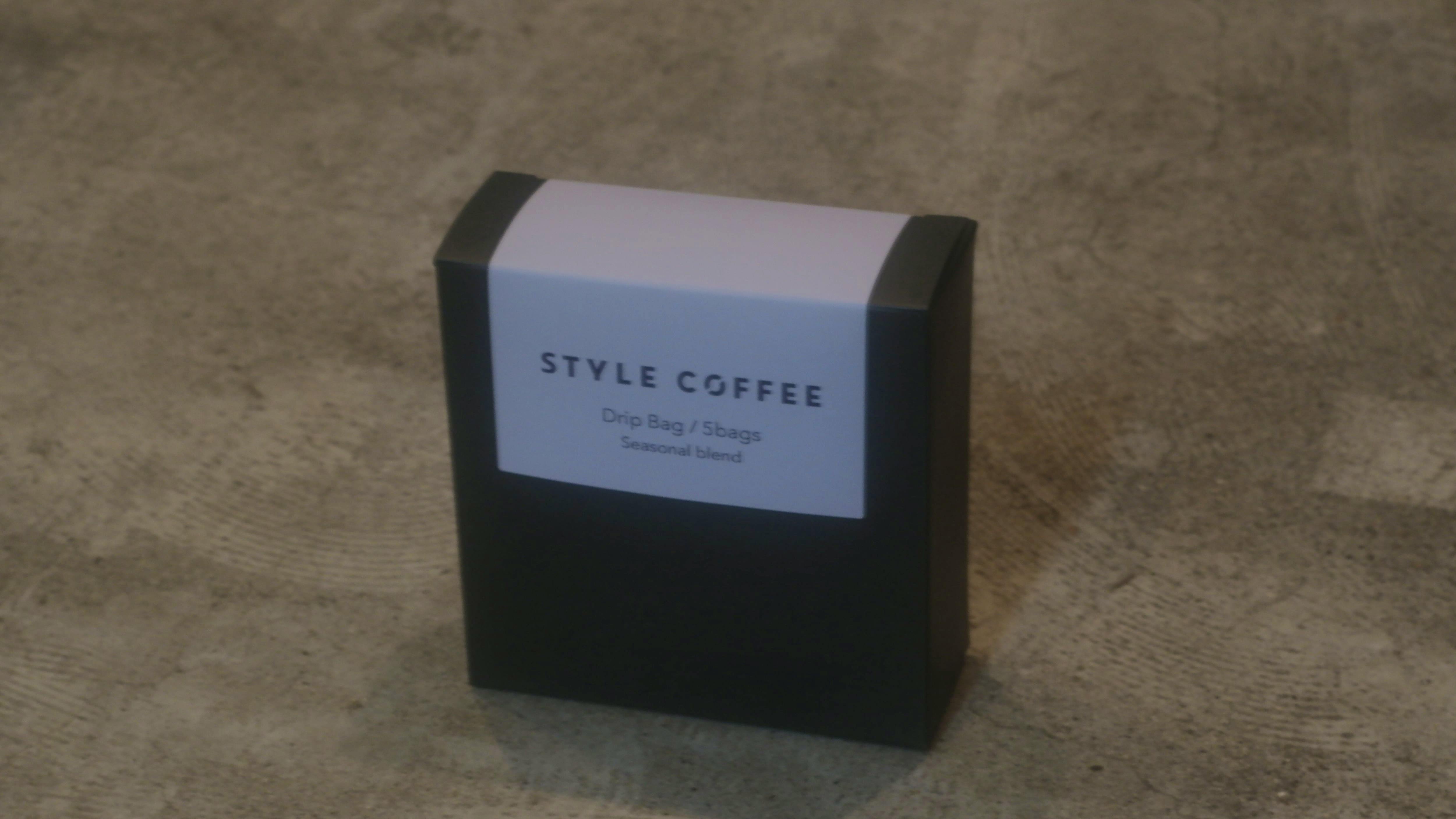 A black rectangular box labeled "STYLE COFFEE" with the text "Drip Bag / 5bags" on the front.